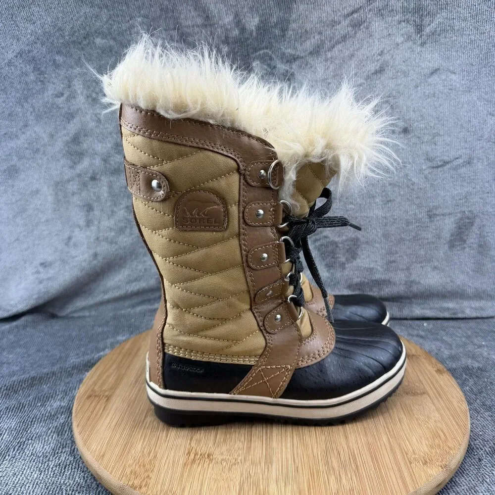 Sorel Boots Girls Size 1 Brown Nylon Faux Fur Waterproof Winter Snow NY2419-373